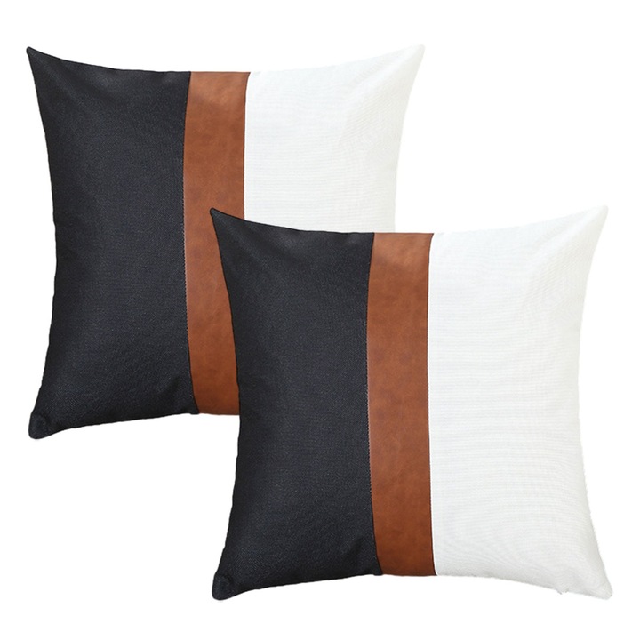 Set de 2 fete de perna din in cu imprimeu rustic, fata de perna din imitatie de piele, 1