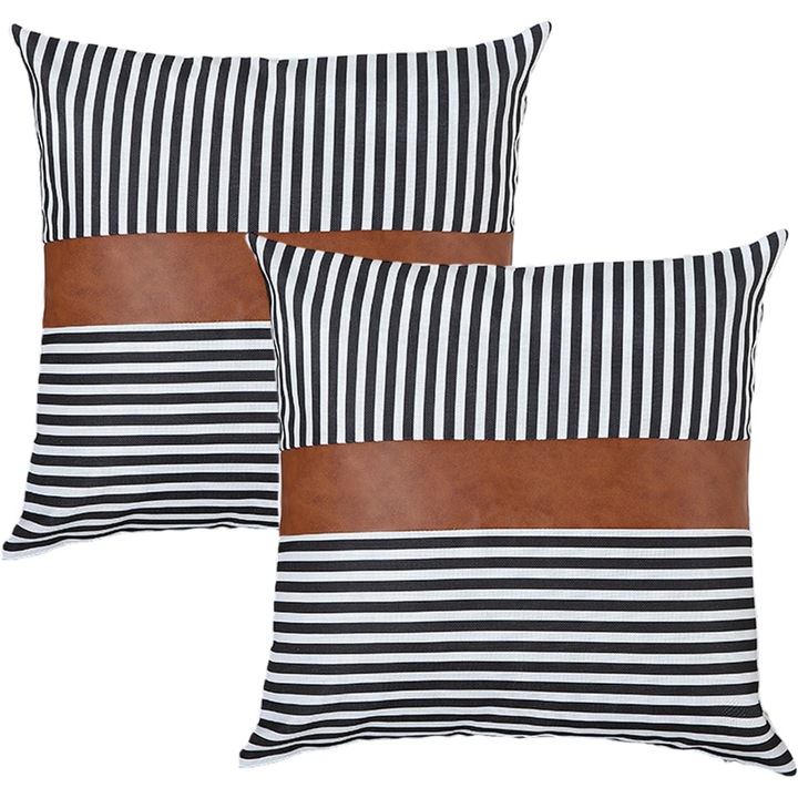 Set de 2 fete de perna din in cu imprimeu rustic, fata de perna din imitatie de piele, 1