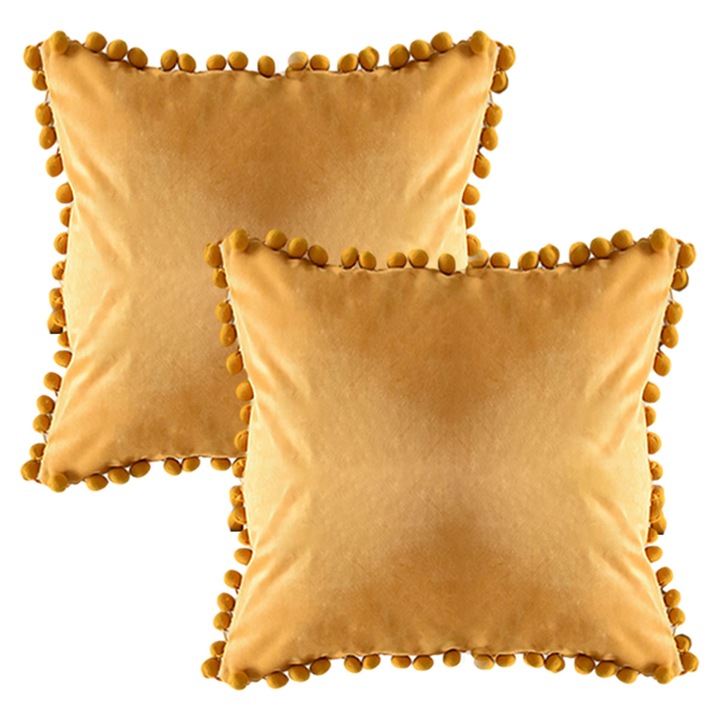 Fata de perna Decorte 20x20, pachet de 2 fete de perna patrate din catifea, confortabile si moi, cu pompoane, decor rustic pentru casa, portocaliu