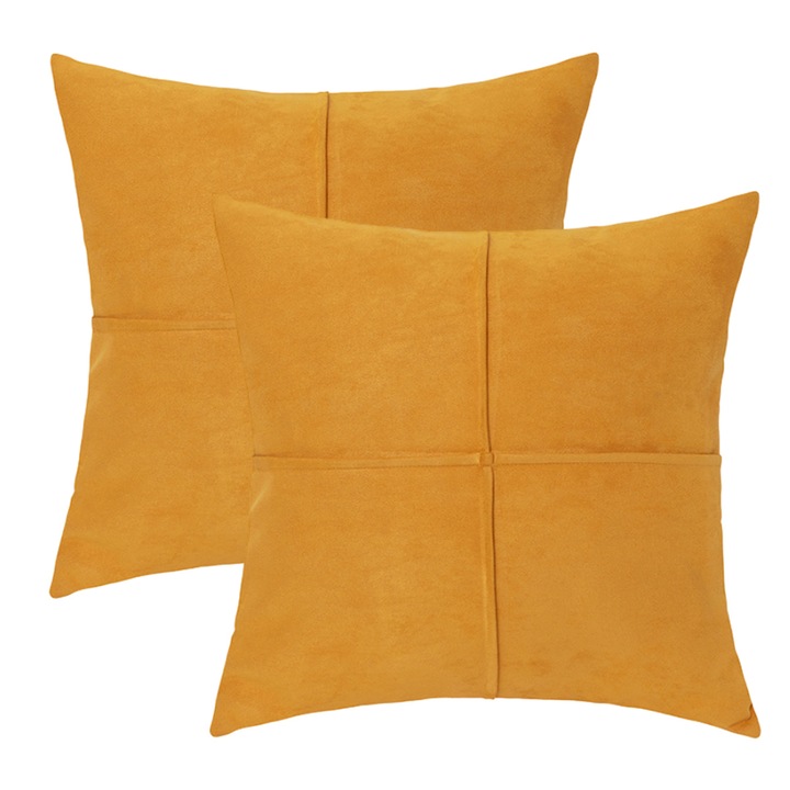 Set 2 fete de perna decorativa, Design plisat, Piele ecologica, 45x45cm, Galben aprins