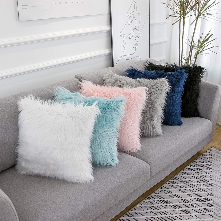 Set de 2 fete de perna decorative pufoase gri deschis, serie noua de lux, stil Merino, blana artificiala, fete de perna patrate pufoase, 30x50 cm