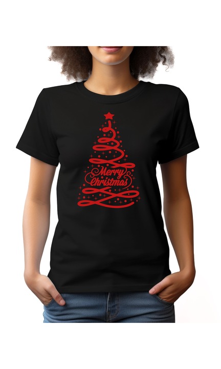 Bestcase® Tricou dama cu Imprimeu Xmas Tree, Regular fit, Maneca scurta, NF787, Negru, XL