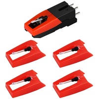Set de 4 capuri de redare si 1 cartus cu ac stylus, Universal, Axroad Mall, Cu capac de protectie, Pentru pick-up Discuri Vinil, Compatibil cu majoritatea casetofoanelor, Ac de rubin, 2 dimensiuni, Rosu