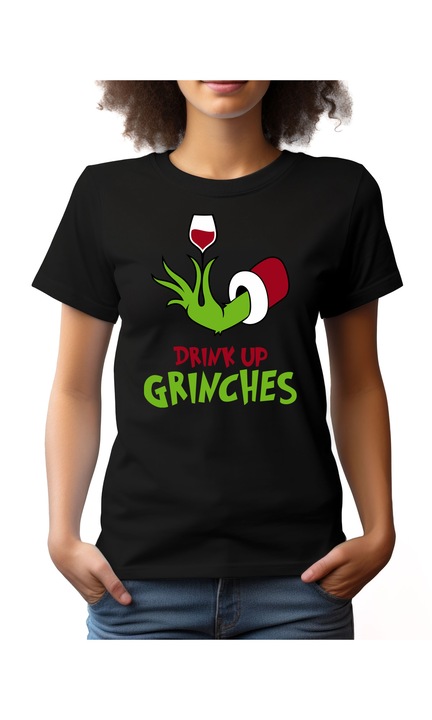 Bestcase® Tricou dama cu Imprimeu Grinch - Drink Up, Regular fit, Maneca scurta, NF791, Negru, XL