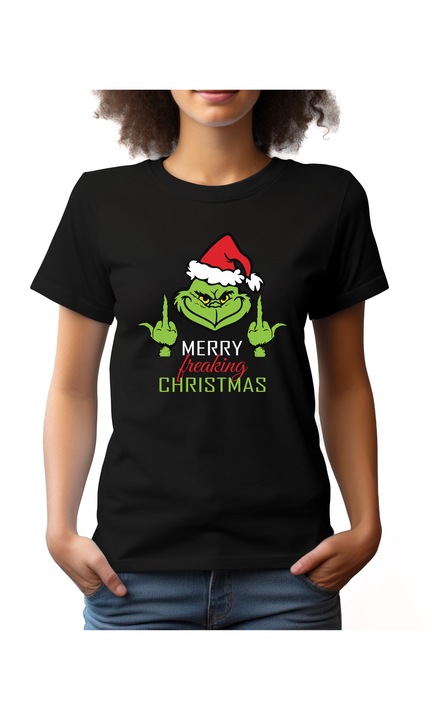 Bestcase® Tricou dama cu Imprimeu Merry Christmas Grinch, Regular fit, Maneca scurta, NF790, Negru, 2XL