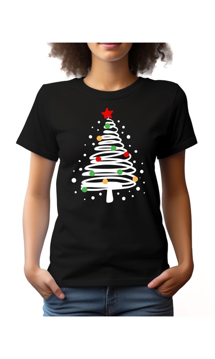 Bestcase® Tricou dama cu Imprimeu Happy Xmas Tree, Regular fit, Maneca scurta, NF799, Negru, L