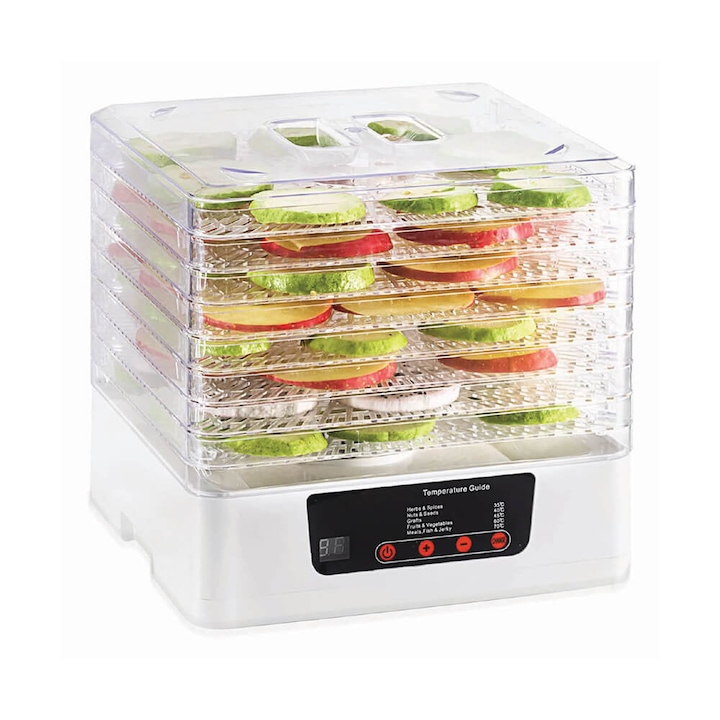 Aparat de uscat fructe si legume Timeless Tools, 8 tavi, panou tactil cu afisaj LCD, Interval de temperatura 35-70° C, 350 W, Alb