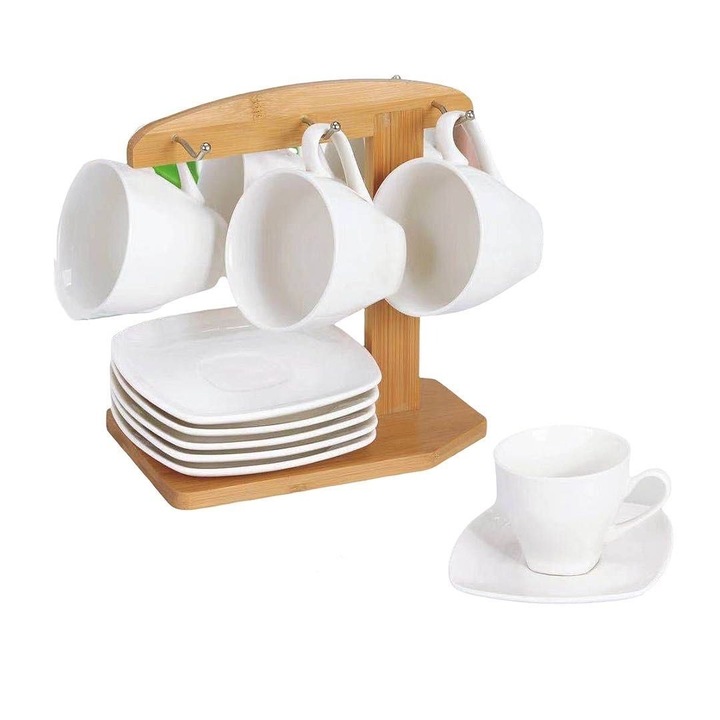 Set 6 Cesti 250 ml si 6 Farfurii Portelan pe Suport de Bambus