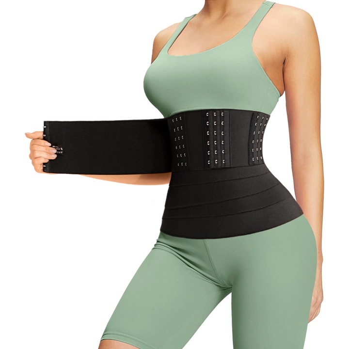 Centura Abdominala Pentru Slabire tip Banda Elastica, Modelarea Taliei, Efect Sauna, Recuperare Postnatala, Lungime 4m cu Extindere pana la 7m, Marime Unica, Tip Inchidere Carlige, Negru