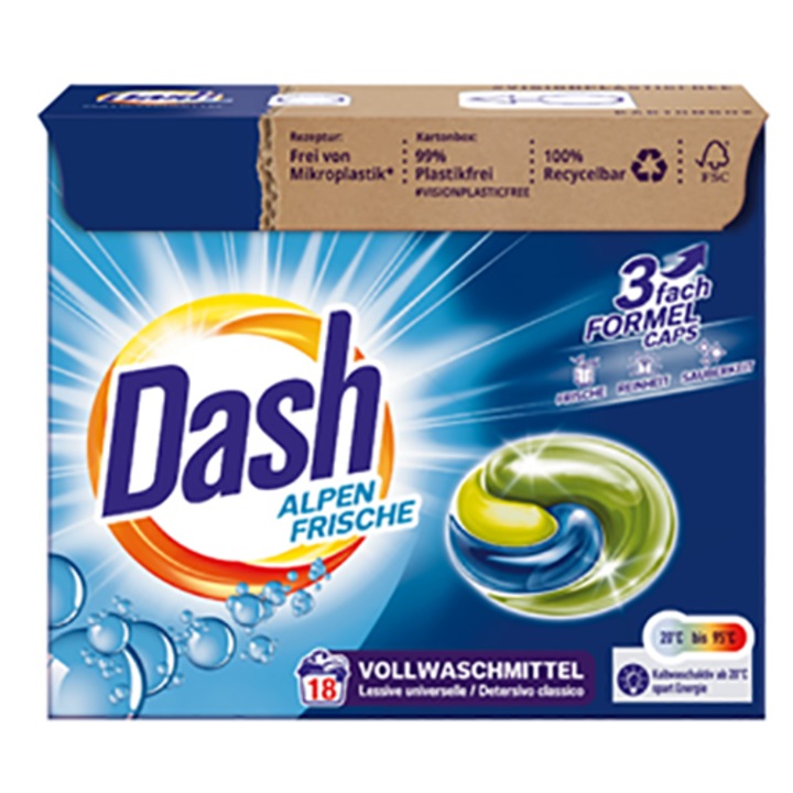 Detergent rufe capsule Dash 3in1, alpen frische, 18 spalari