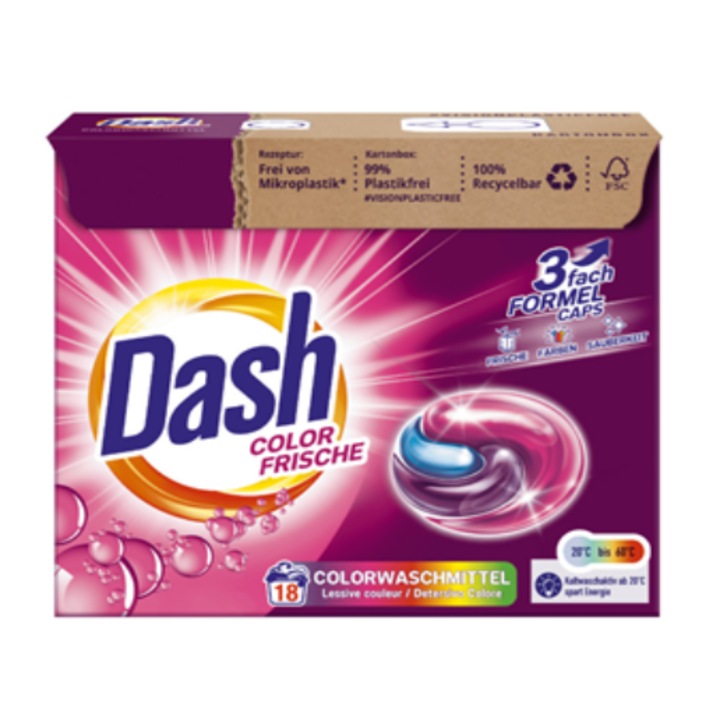 Detergent rufe capsule Dash 3in1, color frische, 18 spalari