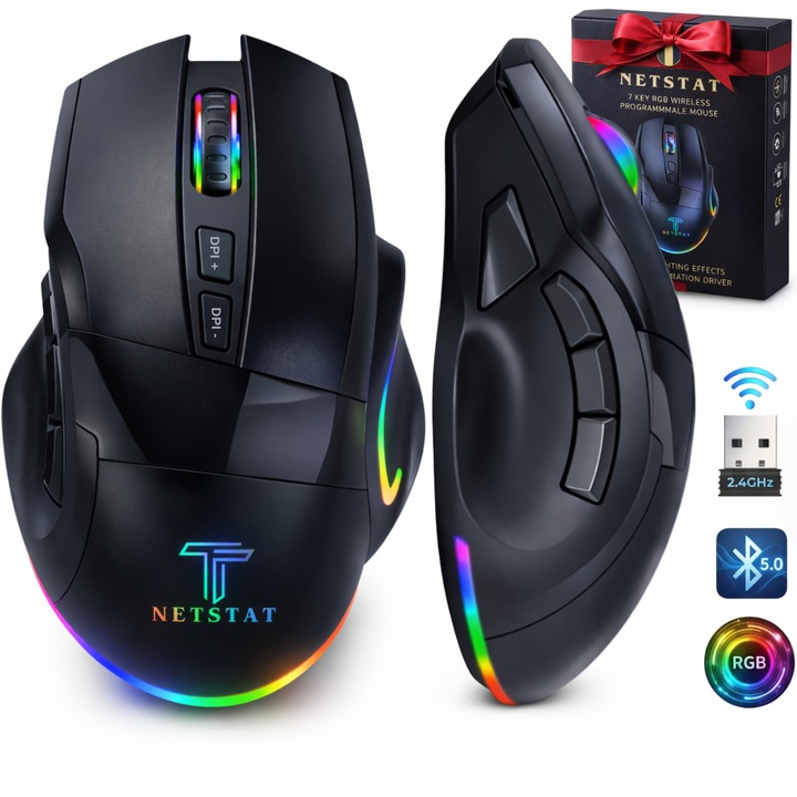 Mouse Wireless NETSTAT, 1000Hz, DPI 12800, 8 Butoane customizabile, Click Silentios, Multi-device, Soft Butoane, Usor 160gr, Wireless, Mouse Fara Fir, Bluetooth, Baterie 500mAh, Mouse lumini RGB, Mouse Ergonomic, Mouse Gaming, Mouse PC, Universal, Negru