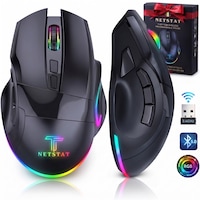 Mouse Wireless NETSTAT, 1000Hz, DPI 12800, 8 Butoane customizabile, Click Silentios, Multi-device, Soft Butoane, Usor 160gr, Wireless, Mouse Fara Fir, Bluetooth, Baterie 500mAh, Mouse lumini RGB, Mouse Ergonomic, Mouse Gaming, Mouse PC, Universal, Negru