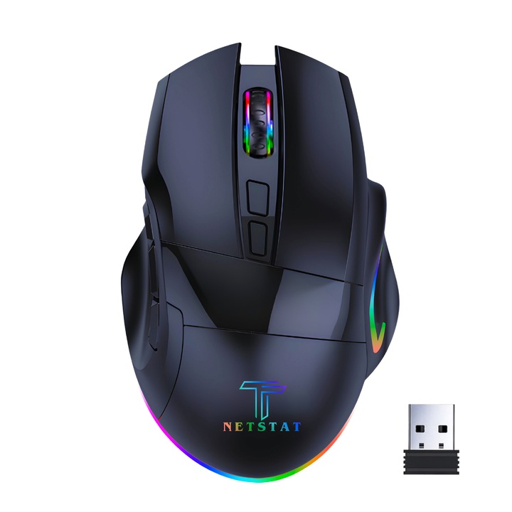 Mouse Wireless NETSTAT®, 7 butoane programabile, Soft customizare butoane, Mouse Office, Lumini RGB, Mouse Bluetooth 5.0 & 2.4GHz, DPI 2400, Mouse Fara fir, Compatibil Win & MacOS, Mouse Ergonomic, Baterie 800mAh, Mouse Gaming, Negru