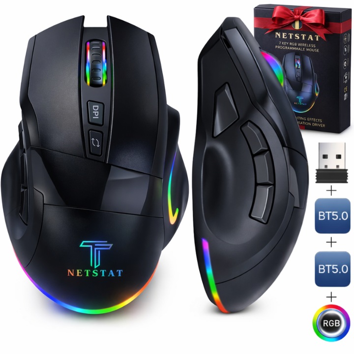 NETSTAT® vezeték nélküli Bluetooth 2.4 GHz gamer gaming és irodai egér, RGB világítás, 2400 DPI optikai, ergonomikus, 9 programozható gomb, makró szoftver, Multi-Device 3 eszköz, újratölthető 800 mAh akkumulátor, Windows/macOS/Android laptop/PC, fekete