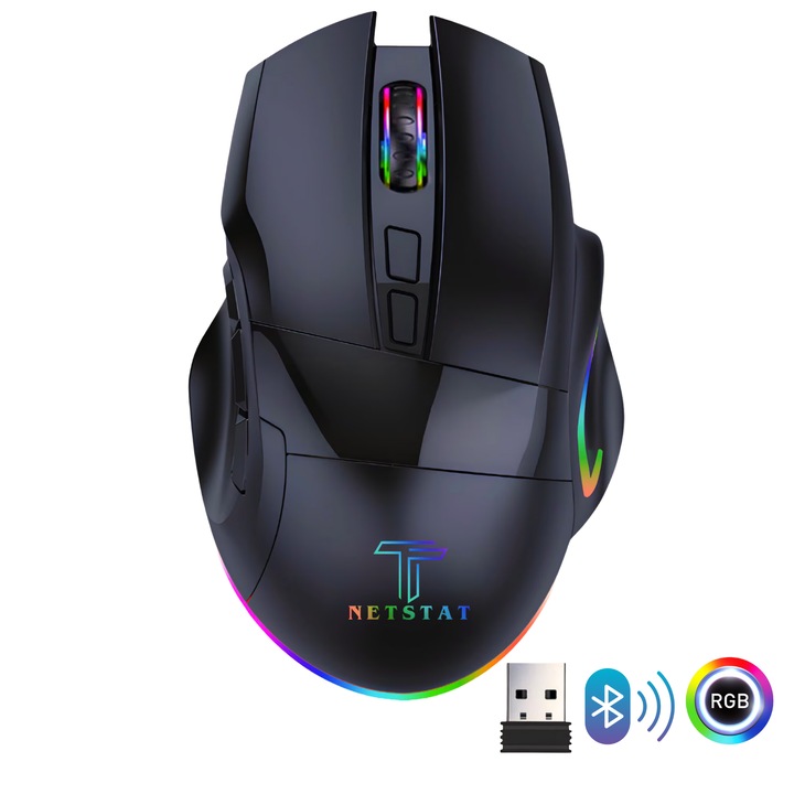 Безжична геймърска мишка NETSTAT® – 7 програмируеми бутона, RGB подсветка, 2400 DPI, Bluetooth 5.0 и 2.4GHz, свързване с 3 устройства, батерия 800mAh, ергономичен дизайн, идеална за гейминг и офис, черен