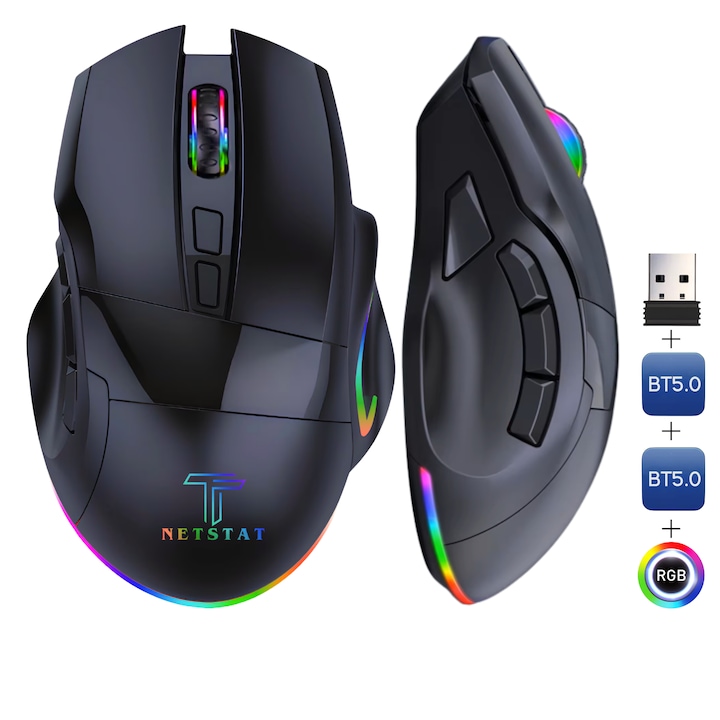 Mouse Wireless NETSTAT®, Multi-Device, 9 Butoane, Soft Customizare Butoane, Conectare La 3 Dispozitive Simultan, Mouse Fara Fir, Lumini RGB, Mouse Bluetooth 5.0 si 2.4GHz, DPI 2400, Win/MacOS, Baterie 800mAh, Ergonomic, Mouse Gaming si Office, Negru
