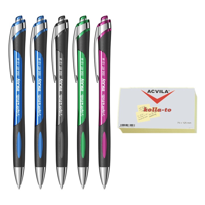 Комплект Papermate: 5 химикалки InkJoy 550 2x Син, 1x Черен, Магента, Зелен + Лепящи листчета 76*127, Жълт, 100 листа