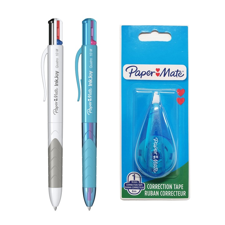Комплект Papermate: 2 x писалки Quattro Pen standard/fun + Коригираща лента 5мм *6м