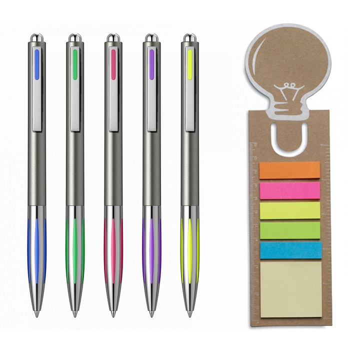 Комплект Acvila: 5 писалки Ac 340, Син + 5 лепящи листчета, Многоцветен + Бележник тип отметка 4.5*4.5