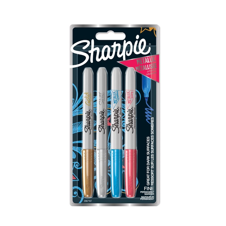 Комплект 4 перманентни маркера Sharpie, Металически, Ruby, Sapphire, Gold, Silver