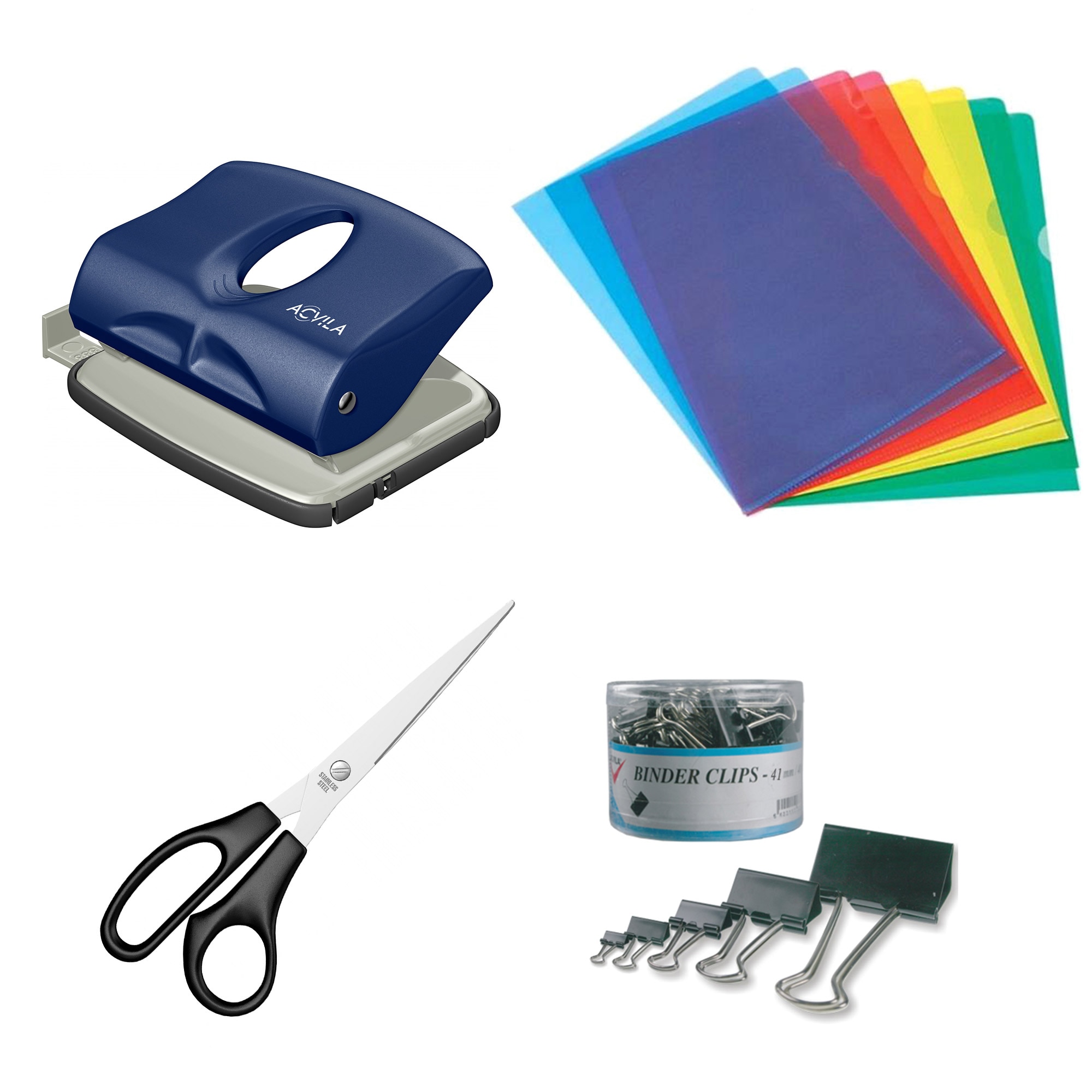 Set Acvila 12 clipsuri metalice 41 mm + foarfeca 21 cm + perforator 15 coli metalic + set 10 mape PP color 90 mo=ic deschidere L