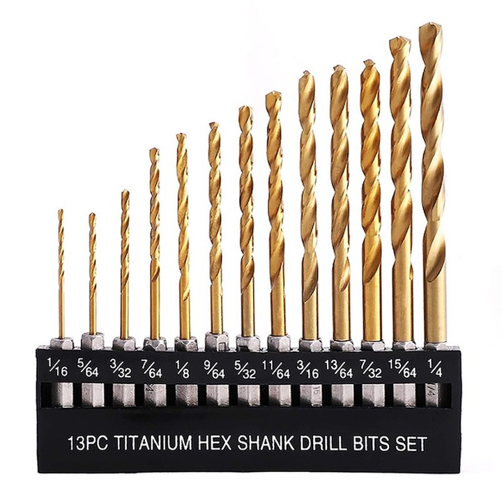 Set 13 Burghie din Otel Rapid, Acoperire Titan, Hex Shank, pentru Lemn/Plastic/Aluminiu, 1/16"-1/4", cu Suport Organizator