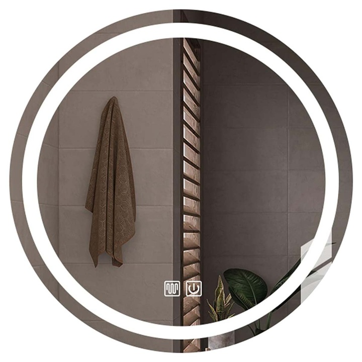 Огледало за баня LED, Кръгло, Против запотяване, Удароустойчиво, Сензорна функция, 70x70 см