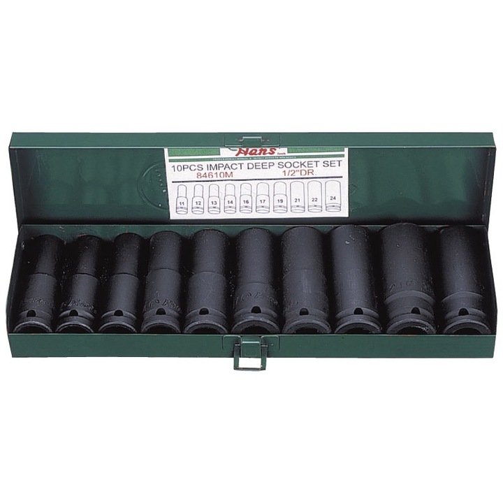 Set 10 chei tubulare de impact, profil hexagonal, prindere 1/2 inch, dimensiuni 10 mm, 12 mm, 13 mm, 14 mm, 16 mm, 17 mm, 19 mm, 21 mm, 22 mm, 24 mm
