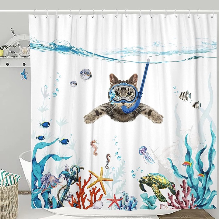 Perdea de Dus, BOMSTOM, 180x180 cm, PEVA, Cu Inele Incluse, Impermeabila si Lavabila, Funny Cats, Rezistenta la Mucegai, Ideal Pentru Baie si Spatii Umede, Multicolor