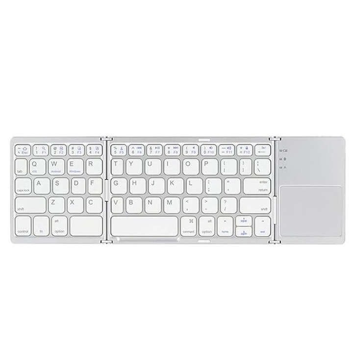 Bluetooth összecsukható billentyűzet érintőpaddal, több rendszerrel kompatibilis, ezüst, hordozható