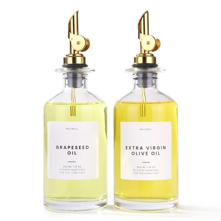 Комплект от 2 стъклени оливиера със златни капкомери, 350 мл, олио, оцет, сиропи, със стикер, прозрачен