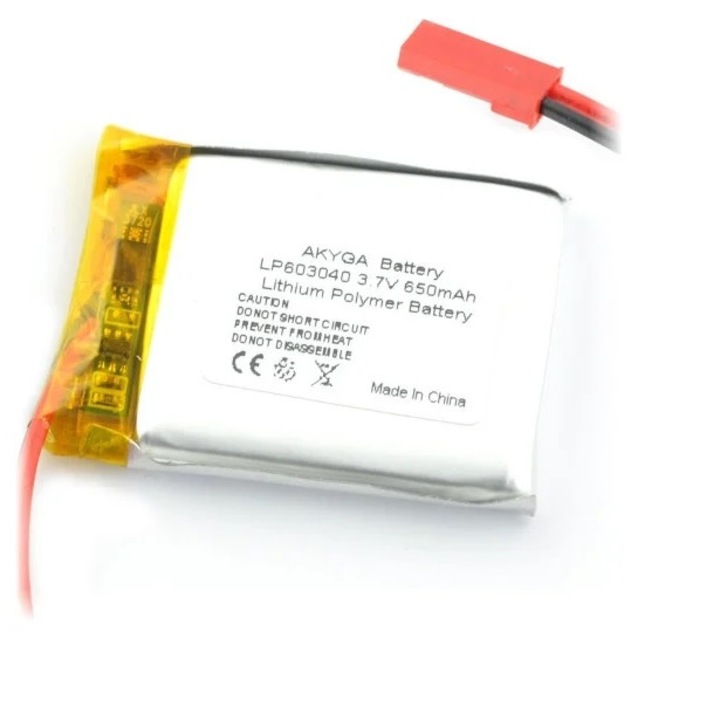 Acumulator Lithium Poliymer 06039 650mAh 1S 3.7V fir cu conector JST-BEC 40x30x6mm AKYGA Battery