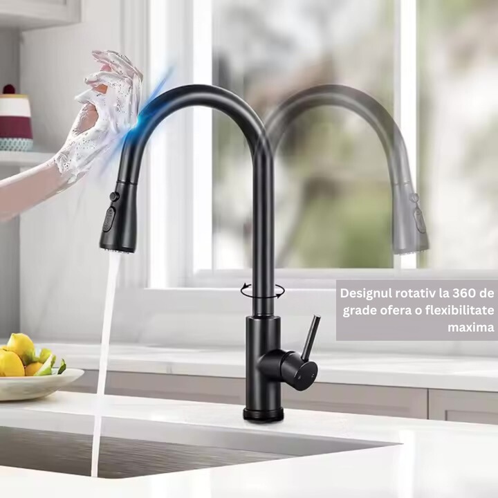 Baterie Inteligenta de Chiuveta Pentru Bucatarie, Pulverizator Retractabil, Rotire 360 de Grade, Cap Extractabil, Presiune Mare, Material Otel Inoxidabil, Senzori de Detectare a Miscarii, Set Complet, Negru