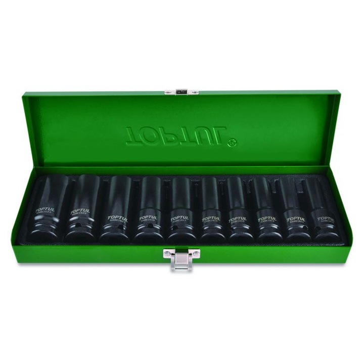 Комплект от 10 ударни тръби, шестоъгълен профил, размер на тръбата 1/2 инча, диаметър на тръбата 10 мм, 11 мм, 12 мм, 13 мм, 14 мм, 17 мм, 19 мм, 21 мм, 22 мм, 24 мм