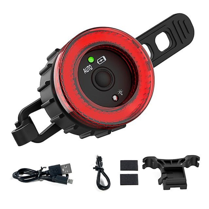 BIRAI® Smart Bike Stop automatikus indító/parkoló rendszerrel, fékérzékelővel, 5 fénymóddal, SMD LED-del, mikro USB-vel újratölthető, vízálló, fejlett technológia IPx5, könnyen telepíthető, éjszakai használat, fekete