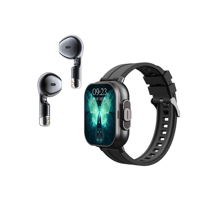 Ceas Smartwatch 2in1, casti Wireless incorporate, compatibil iOS/Android, Bluetooth 5.3, Monitorizare somn/fitness/ritm cardiac/calorii/respiratie, memento de apel, raspuns la apel, mesaj push, notificari retele sociale . Negru