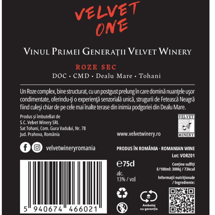 Vin Rose Velvet One, Feteasca Neagra, Sec, 0.75l