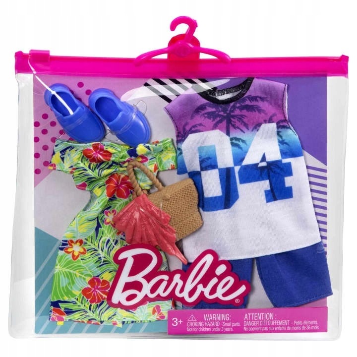 Комплект дрехи за кукли Mattel, Barbie и Ken, флорални/многоцветни, 5 части, синтетика