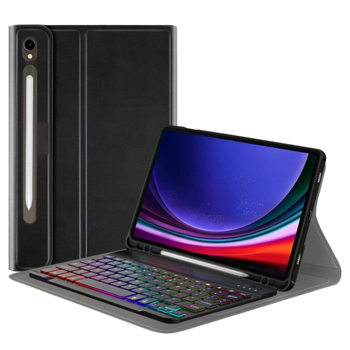 Капак NeatlyTab с безжична магнитна клавиатура за Samsung Galaxy Tab S9, ОПТИМАЛНО РЕШЕНИЕ, 360° защита, RGB осветление, регулируема стойка, държач за молив, чувствителни и безшумни бутони, екологична кожа, елегантност и функционалност, черен