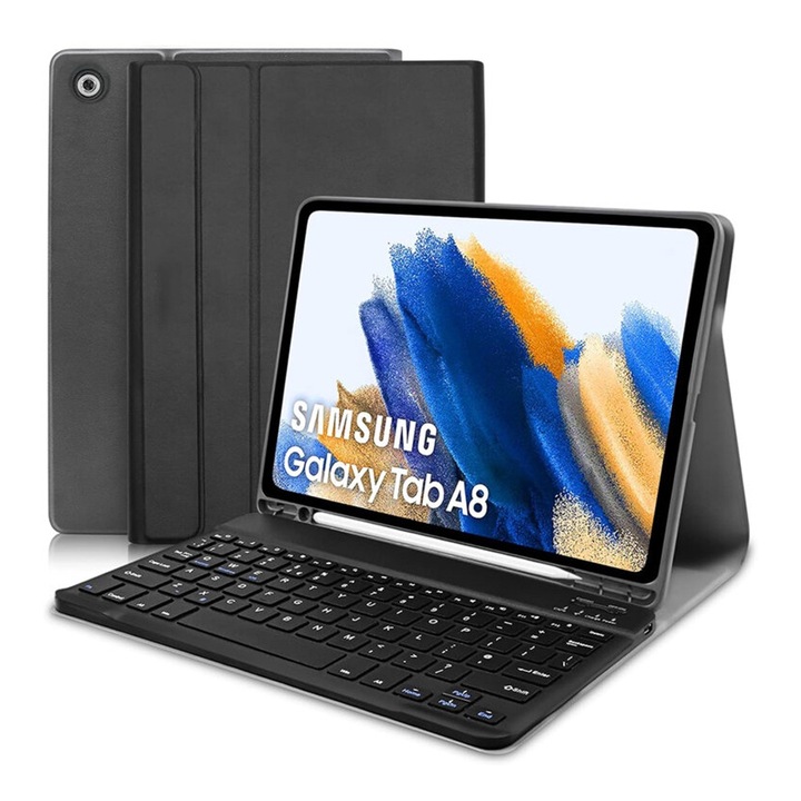 Капак NeatlyTab с безжична магнитна клавиатура за Samsung Galaxy Tab A8 10.5 (2021), ОПТИМАЛНО РЕШЕНИЕ, 360° защита, RGB осветление, регулируема стойка, държач за молив, бързи и безшумни бутони, екологична кожа, елегантност и функционалност, черен
