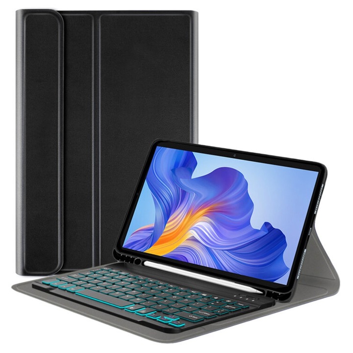 NeatlyTab fedél vezeték nélküli mágneses billentyűzettel Honor Pad X8-hoz, OPTIM MEGOLDÁS, 360°-os védelem, RGB világítás, állítható állvány, ceruzatartó, érzékeny és csendes gombok, környezetbarát bőr, elegancia és funkcionalitás, fekete