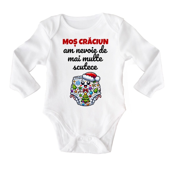 Body cu maneca lunga personalizat cu mesaj, Mos Craciun, am nevoie de mai multe scutece - 68 cm