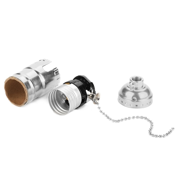 Vintage lámpa E27 alumínium talppal, húzólánccal, ezüst, 7cm