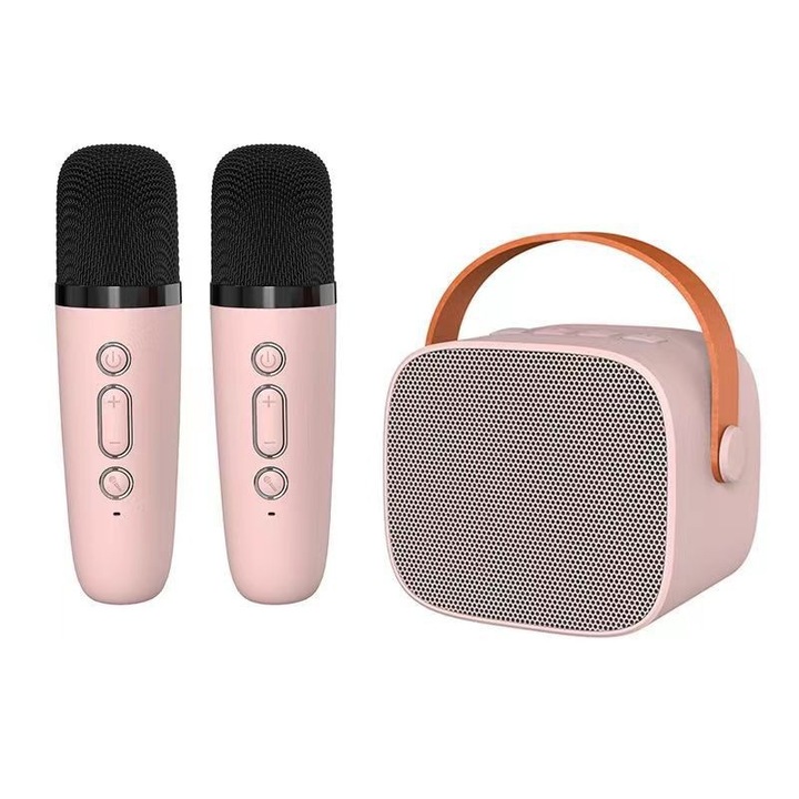 Преносим комплект за караоке, 4 вокални ефекта, 2 микрофона, Bluetooth 5.0, LED светлини, розов