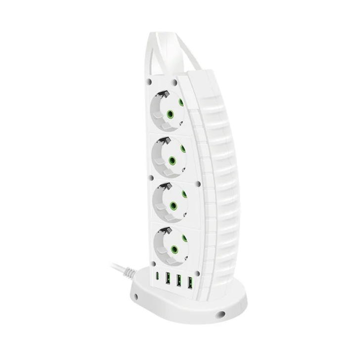 Удължител, ELMHURST, 4 x USB порта, 8 AC контакта, 2500 W, защита от пренапрежение, превключвател, бял