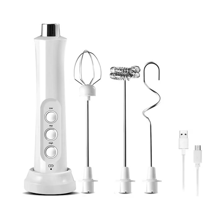 Миксер за разпенване на мляко с 3 сменяеми бъркалки, безжично зареждане и вградена батерия, 3 скорости за фрапе, капучино, смесване на яйца, бяло