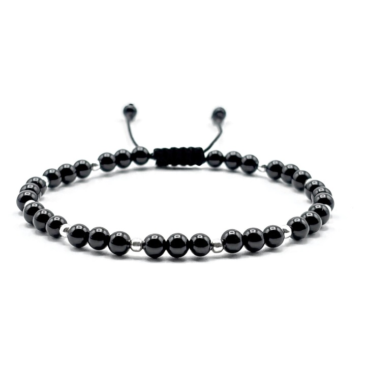 Bratara cu bile din Argint 925 si pietre naturale Onix 4mm, snur reglabil