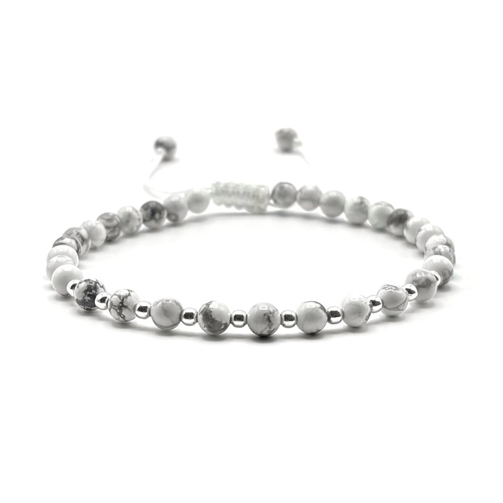 Bratara cu bile din Argint 925 si pietre naturale semipretioase Howlit, snur reglabil