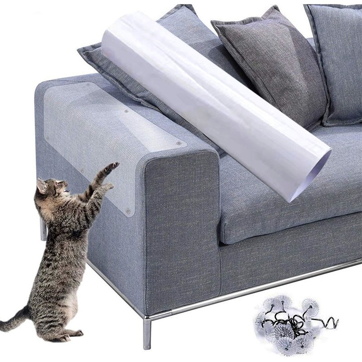 Folii Protectie Impotriva Zgarieturilor de Pisici si Caini pentru Obiecte din Lemn sau Material Textil, 45*500cm, Pat, Canapea, Scaun, Usa, Covor, Polietilena Autoadeziva, Rezistenta la Apa, 41 agrafe, Transparent